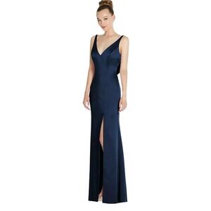 NWT After Six Draped Cowl-Back Princess‎ Line Dress Front Slit  Midnight Navy 12